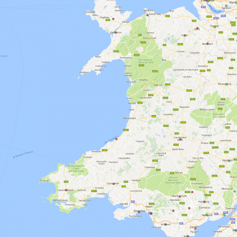 Map of Wales with a scattering of dots